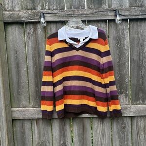 Vintage Christopher & Banks V-Neck Striped Sweater - Purple, Orange, Brown